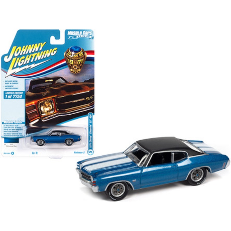 1971 Chevrolet Chevelle SS 454 Mulsanne Blue Metallic with Flat Black Top and White Stripes "Class of 1971" Limited Edition to 7754 pieces Worldwide "Muscle Cars USA" Series 1/64 Diecast Model Car by Johnny Lightning