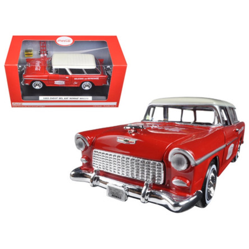 1955 Chevrolet Nomad Coca Cola with 2 bottle cases and metal handcart 1/24 Diecast Model Car by Motorcity Classics