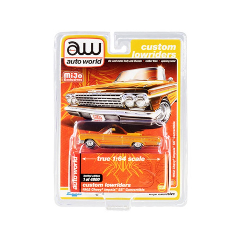 1962 Chevrolet Impala SS Convertible Yellow with Graphics "Custom Lowriders" Limited Edition to 4800 pieces Worldwide 1/64 Diecast Model Car by Autoworld