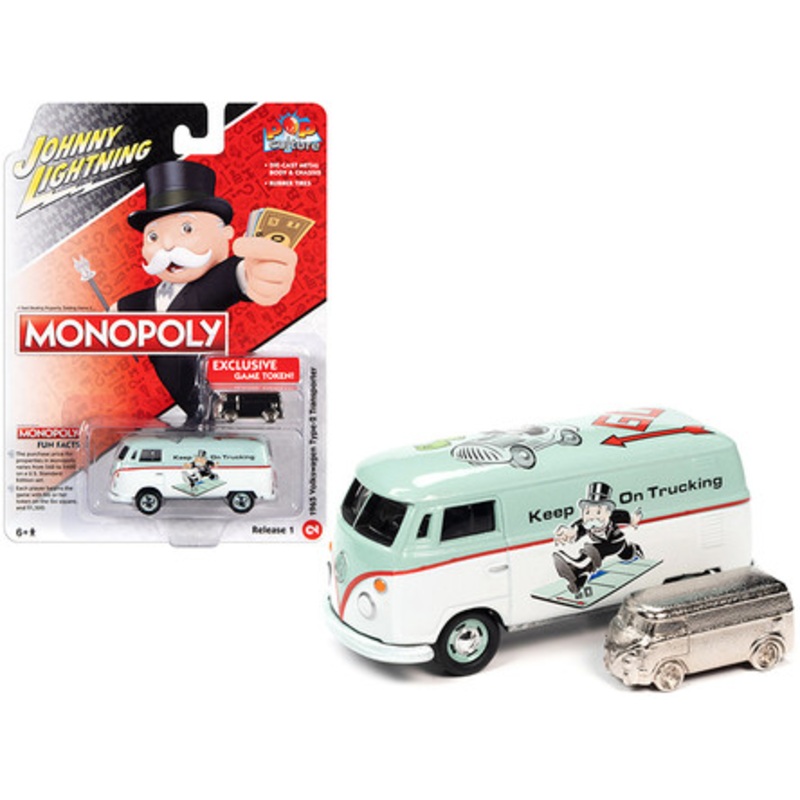 1965 Volkswagen Type 2 Transporter Light Green and White with Game Token "Monopoly" "Pop Culture" Series 1/64 Diecast Model Car by Johnny Lightning