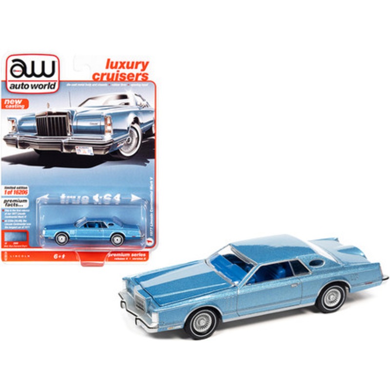 1977 Lincoln Continental Mark V Medium Blue Metallic with Blue Interior "Luxury Cruisers" Limited Edition to 16206 pieces Worldwide 1/64 Diecast Model Car by Autoworld