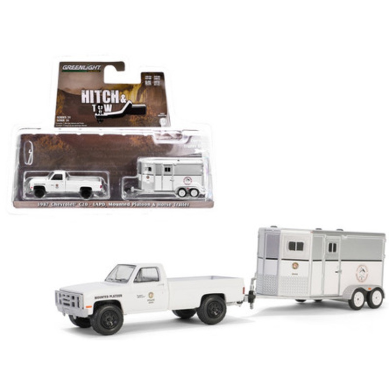 1987 Chevrolet C20 Pickup Truck White "LAPD (Los Angeles Police Department) Search & Rescue Mounted Platoon" with Horse Trailer "Hitch & Tow Series" 31 1/64 Diecast Model Car by Greenlight