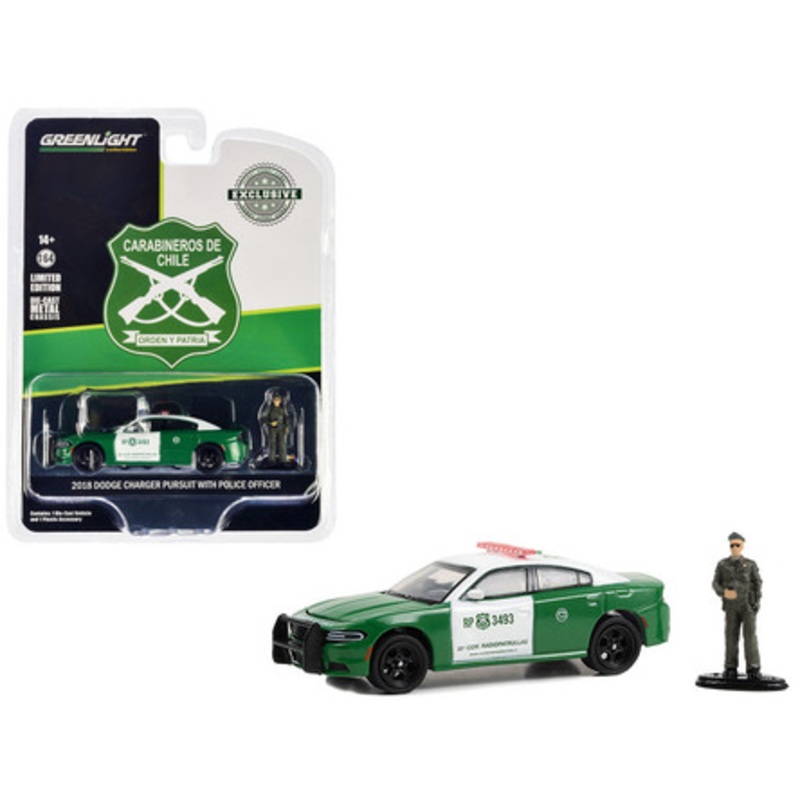 2018 Dodge Charger Pursuit Green and White "Carabineros de Chile" with Carabineros de Chile Police Figure "Hobby Exclusive" Series 1/64 Diecast Model Car by Greenlight