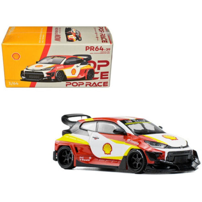Toyota Pandem GR Yaris "Shell Oil" Red and White with Graphics 1/64 Diecast Model Car by Pop Race