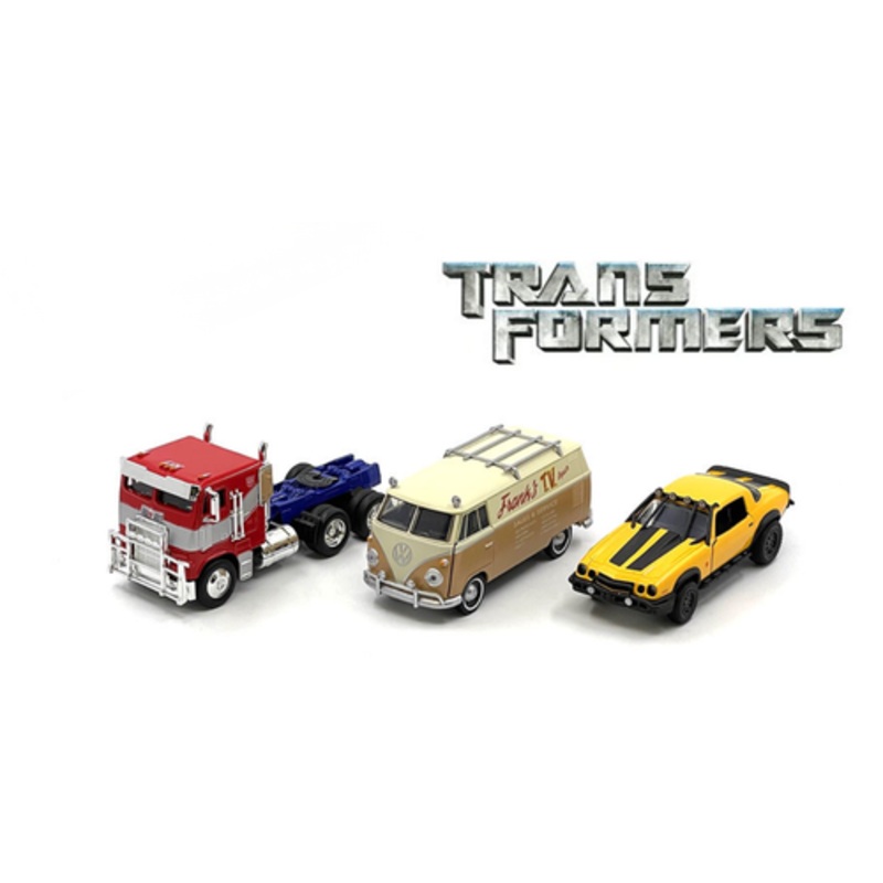 1/32 Jada 3-Car Set Transformers Optimus Prime, 1977 Chevy Camaro Bumblebee, 1961 VW Bus Wheeljack Car Models