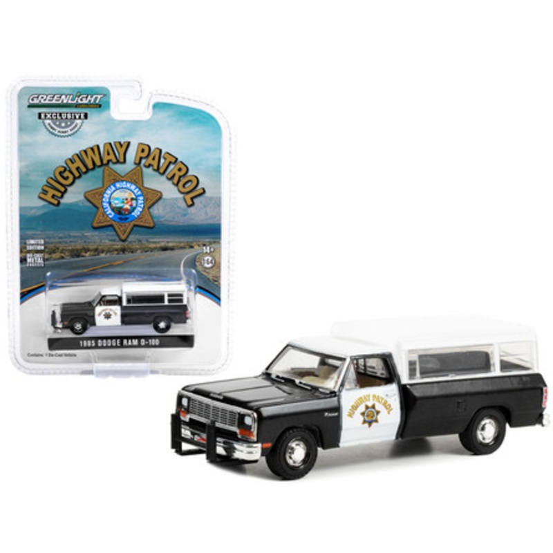 1985 Dodge Ram D-100 Pickup Truck Black and White "California Highway Patrol" with Camper Shell "Hobby Exclusive" Series 1/64 Diecast Model Car by Greenlight