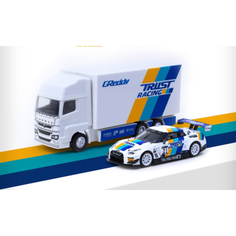 Nissan GT-R NISMO GT3 #21 Luis Moreno "Tarmac eMotorsports" "GT World Challenge Asia Esports" (2020) with Plastic Transporter Packaging "GReddy" 1/64 Diecast Model Car by Tarmac Works