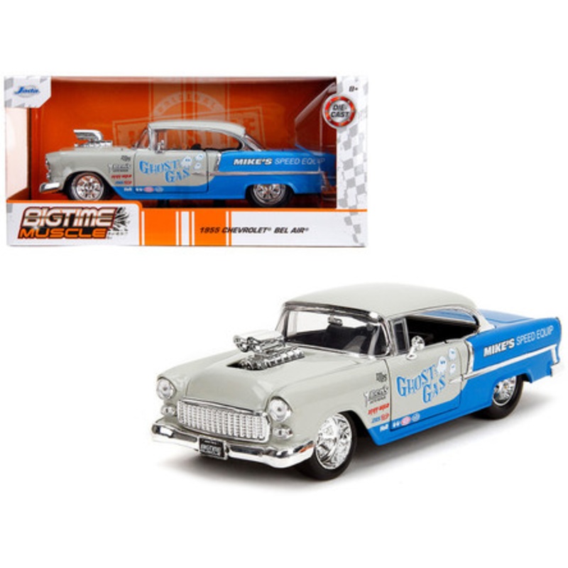 1/24 Jada 1955 Chevrolet Bel Air "Ghost Gas - Mike's Speed Equip" Light Gray and Blue Diecast Car Model