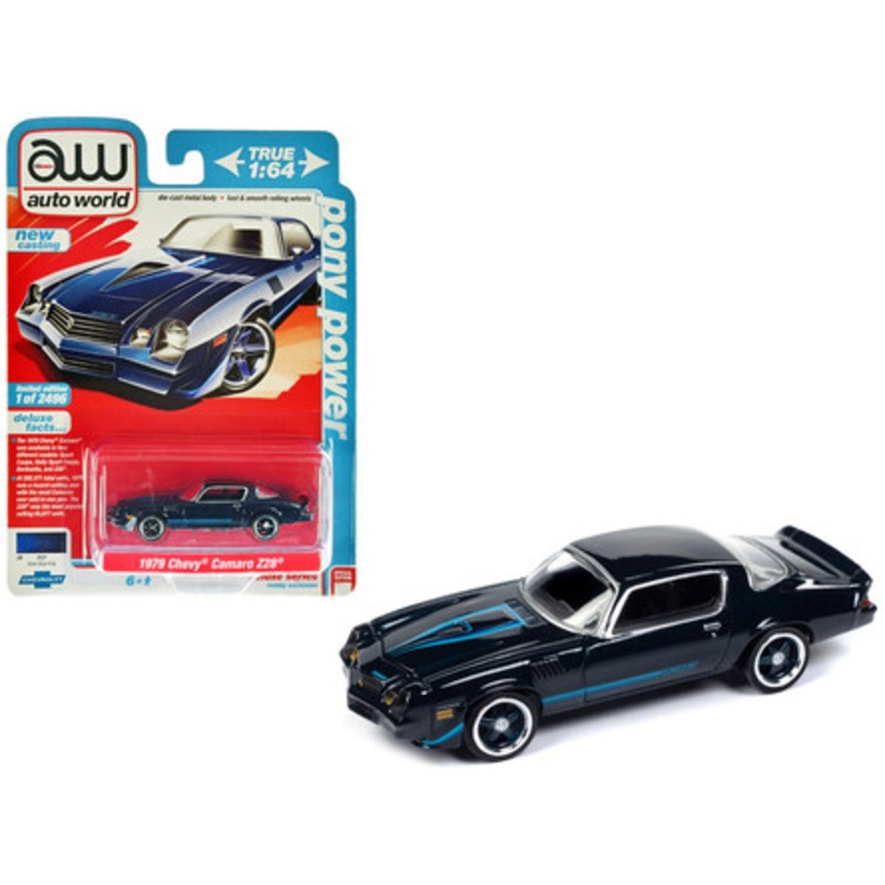 1979 Chevrolet Camaro Z28 Dark Blue Metallic with Light Blue Stripes "Pony Power" Limited Edition to 2496 pieces Worldwide 1/64 Diecast Model Car by Auto World