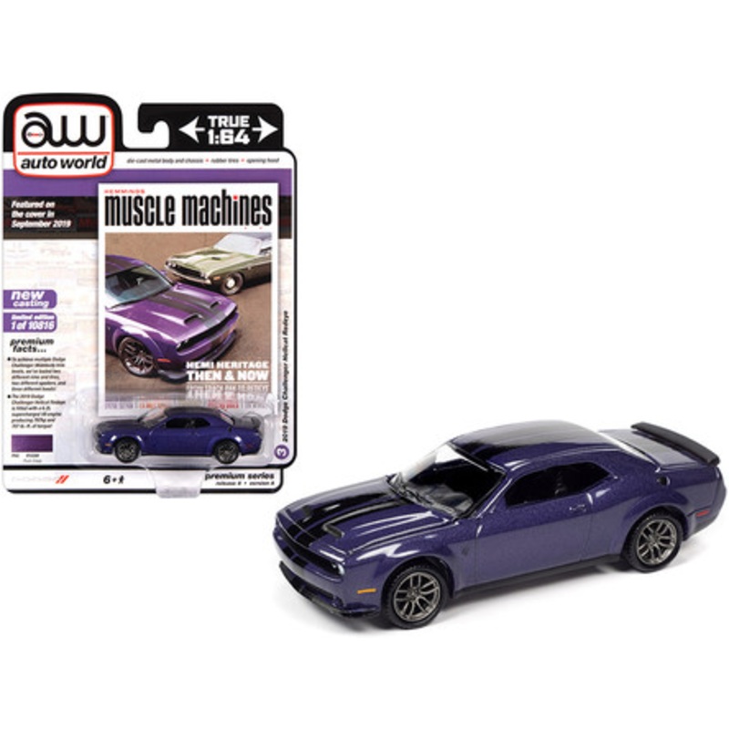 2019 Dodge Challenger Hellcat Redeye Plum Crazy Metallic with Twin Black Stripes "Hemmings Muscle Machines" Magazine Cover Car (September 2019) Limited Edition to 10816 pieces Worldwide 1/64 Diecast Model Car by Autoworld