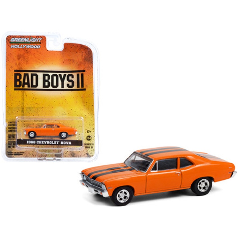 1968 Chevrolet Nova Orange with Black Stripes "Bad Boys II" (2003) Movie "Hollywood Series" Release 31 1/64 Diecast Model Car by Greenlight