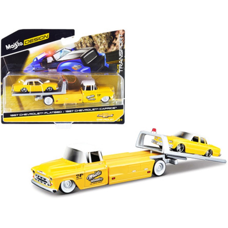 1957 Chevrolet Flatbed Truck with 1987 Chevrolet Caprice Yellow with White Top "Elite Transport" Series 1/64 Diecast Models by Maisto