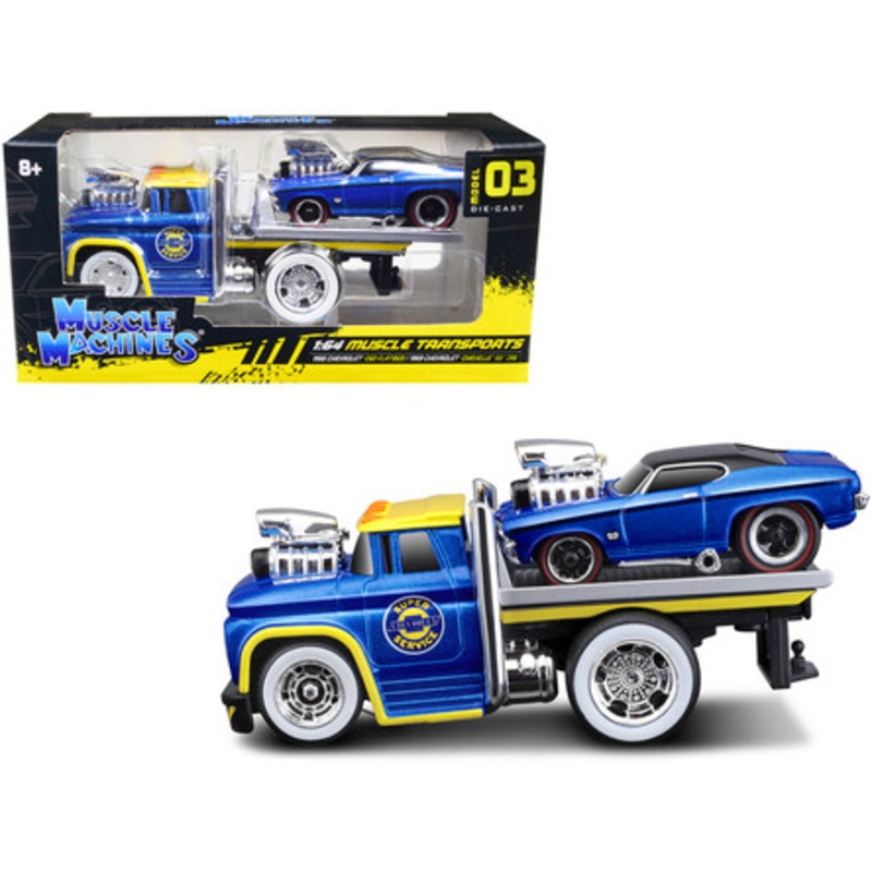1966 Chevrolet C60 Flatbed Truck Dark Blue Metallic with Yellow Top and 1969 Chevrolet Chevelle SS 396 Dark Blue Metallic with Black Top "Chevrolet Super Service" "Muscle Transports" Series 1/64 Diecast Model Cars by Muscle Machines