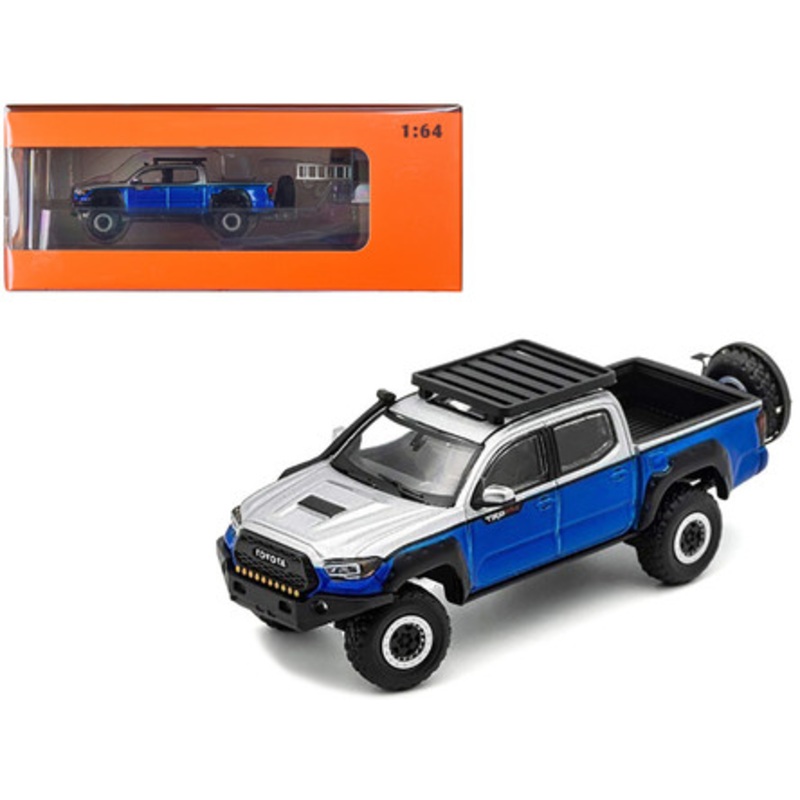 Toyota Tacoma TRD PRO Pickup Truck Gray and Blue Metallic with Camping Accessories 1/64 Diecast Model Car by GCD