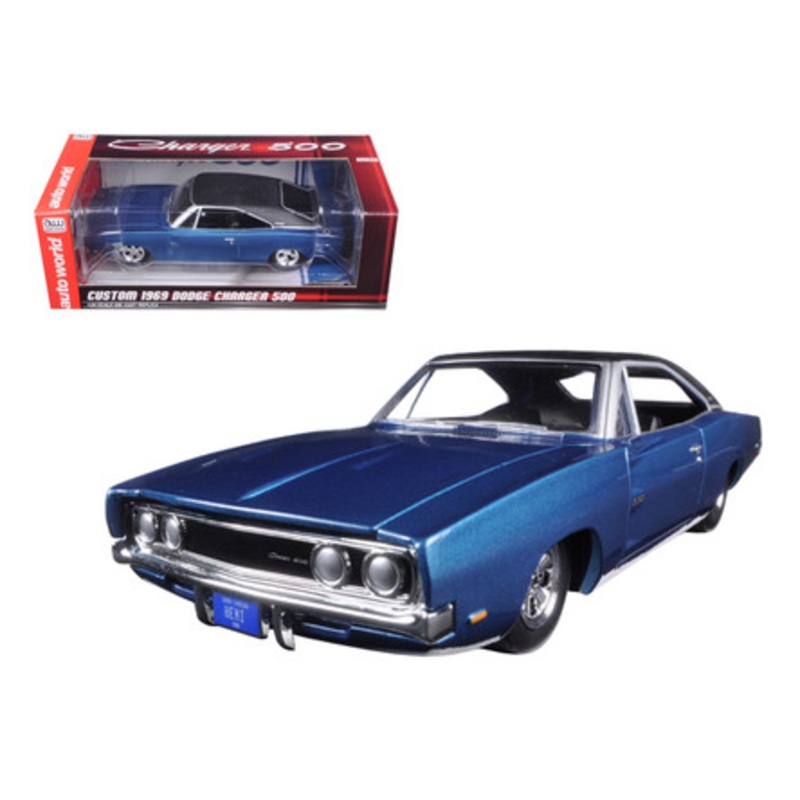 Custom 1969 Dodge Charger 500 Blue Poly 1/24 Diecast Model Car by Autoworld