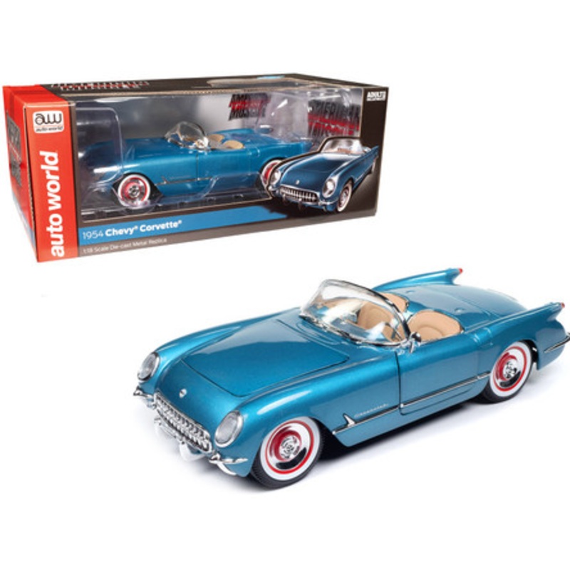 1/18 Auto World 1954 Chevrolet Corvette Convertible Pennant Blue Metallic Diecast Car Model
