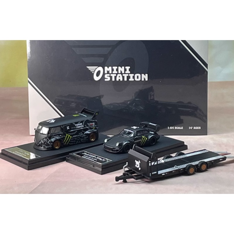 1/64 Mini Station Volkswagen T1 Van Monster + Volkswagen Beetle Tagar Monster +Trailer Diecast Car Models