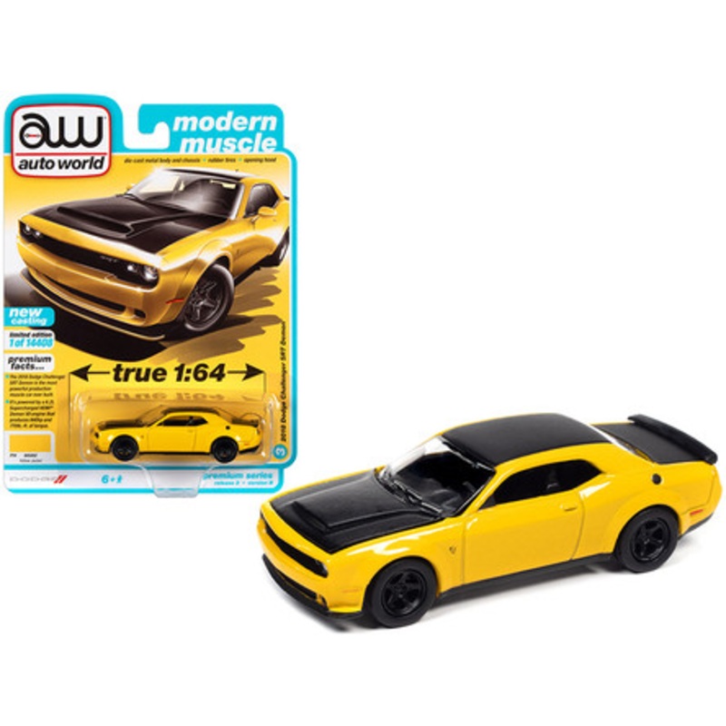 2018 Dodge Challenger SRT Demon Yellow Jacket and Black "Modern Muscle" Limited Edition to 14408 pieces Worldwide 1/64 Diecast Model Car by Autoworld