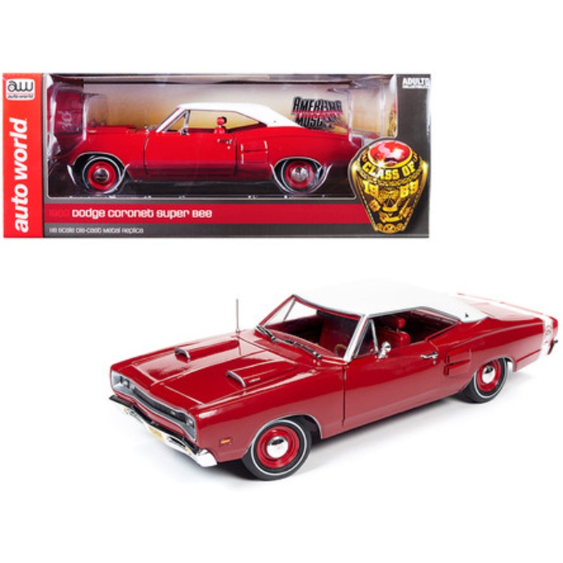 1/18 Auto World 1969 Dodge Super Bee Hardtop Dark R6 (Red with White Top) Diecast Car Model