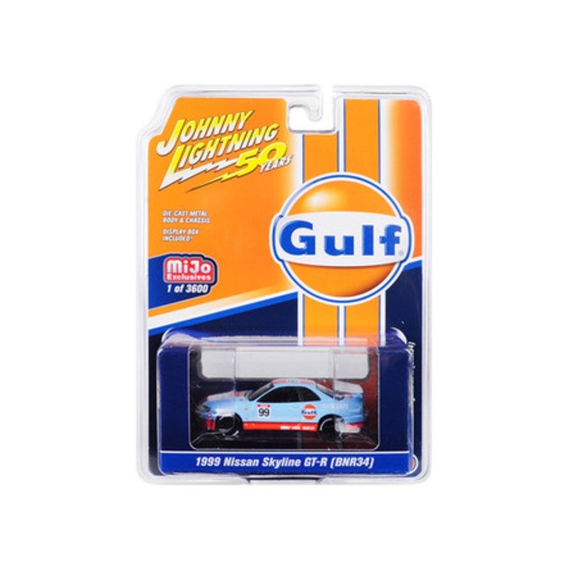 1999 Nissan Skyline GT-R (BNR34) "Gulf Oil" "Johnny Lightning 50th Anniversary" Limited Edition to 3600 pieces Worldwide 1/64 Diecast Model Car by Johnny Lightning