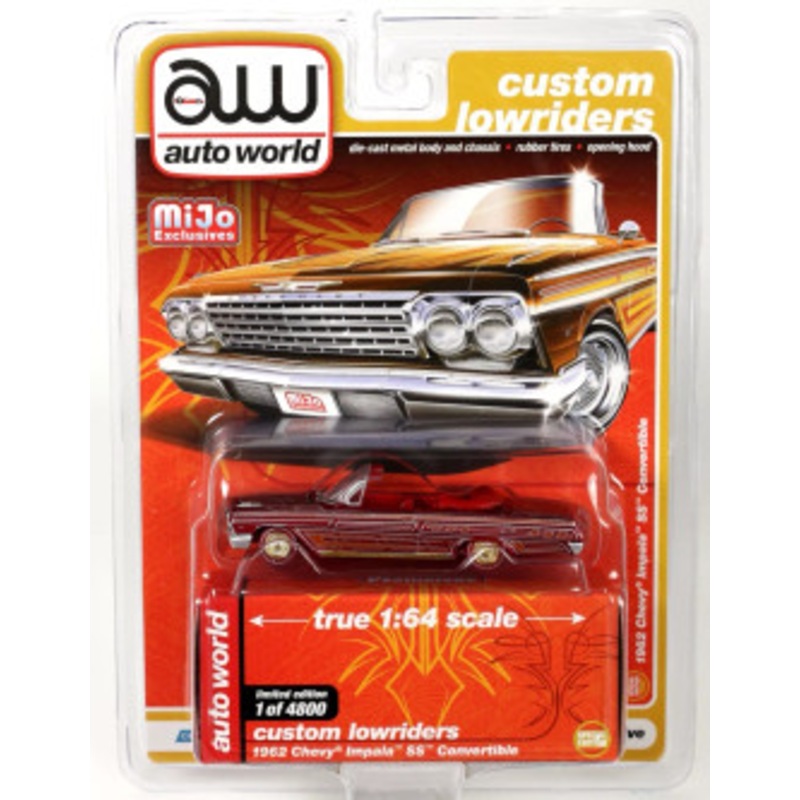 CHASE CAR 1/64 Auto World 1962 Chevrolet Impala SS Convertible Red with Graphics & Gold Wheels "Custom Lowriders" Diecast Car Model