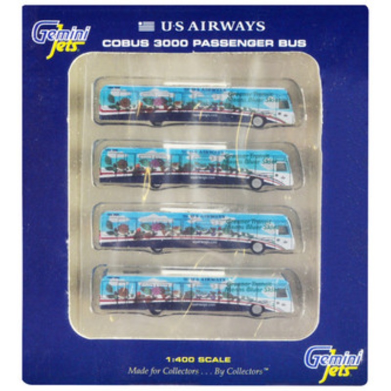 Cobus 3000 Passenger Bus White and Blue with Graphics "US Airways Shuttle Bus - Greener Transit" 4 Piece Set 1/400 Diecast Models by GeminiJets