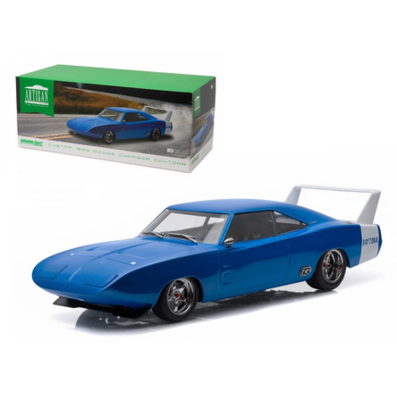 1969 Dodge Charger Daytona Custom Blue with White Rear Wing 1/18 Diecast Model Car by Greenlight