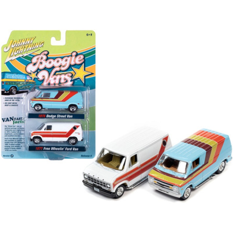 1976 Dodge Street Van Light Blue and 1977 Ford Econoline 150 Free Wheelin' Van White "Boogie Vans" Set of 2 Cars 1/64 Diecast Model Cars by Johnny Lightning