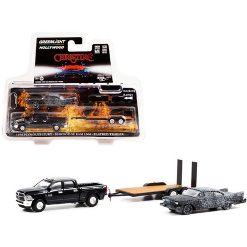 2018 Ram 2500 Pickup Truck Matt Black with 1958 Plymouth Fury (Scorched) and Flatbed Trailer "Christine" (1983) Movie "Hollywood Hitch & Tow" Series 9 1/64 Diecast Model Cars by Greenlight