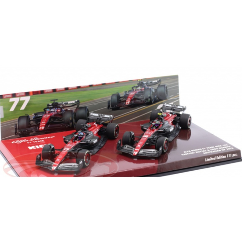 1/43 Minichamps 2023 Formula 1 2-Car Set Bottas #77 & Guanyu #24 Alfa Romeo Australian GP Car Model