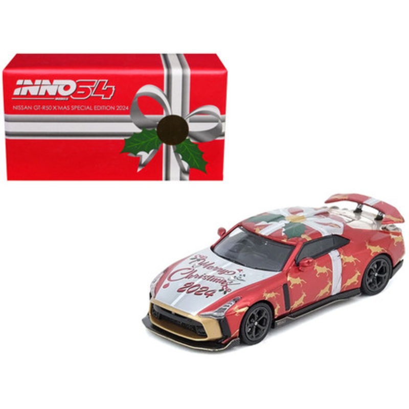 Nissan GT-R50 By ItalDesign RHD (Right Hand Drive) "Christmas 2024 Special Edition" Red Metallic with Christmas Graphics 1/64 Diecast Model Car by Inno Models