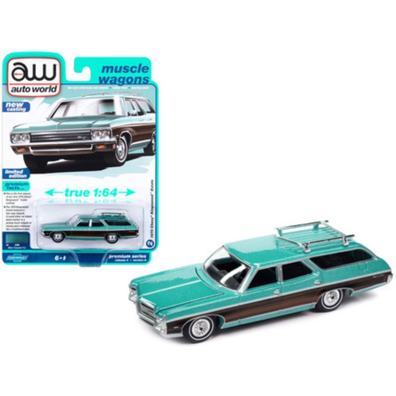 1970 Chevrolet Kingswood Estate Wagon Misty Turquoise Metallic with Side Woodgrain "Muscle Wagons" Limited Edition 1/64 Diecast Model Car by Auto World