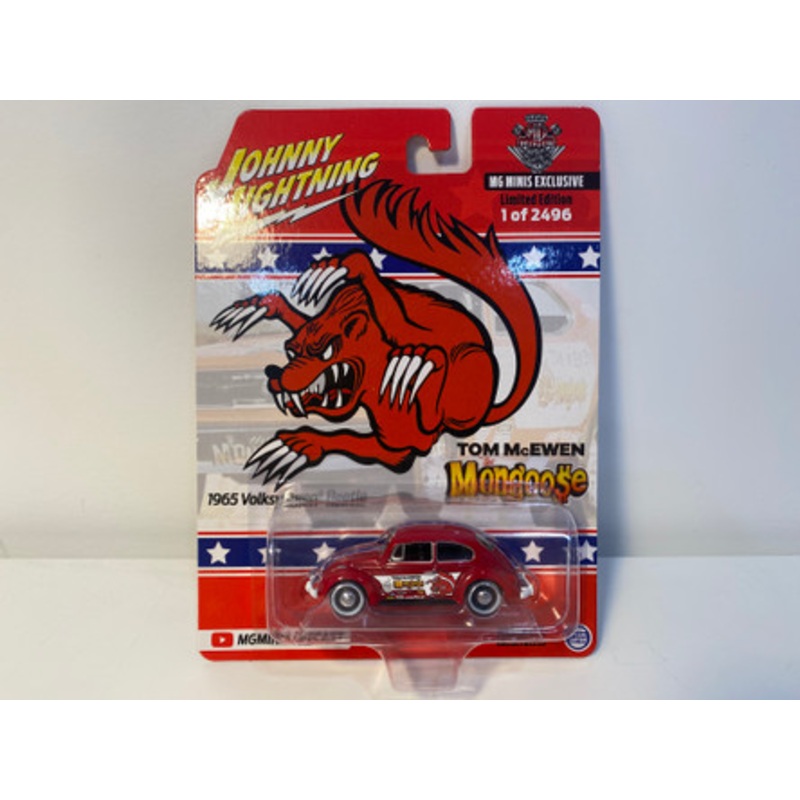 1/64 Johnny Lightning 1965 Volkswagen Beetle MG Minis Exclusive Tom McEwen Mongoose (Red) Diecast Car Model