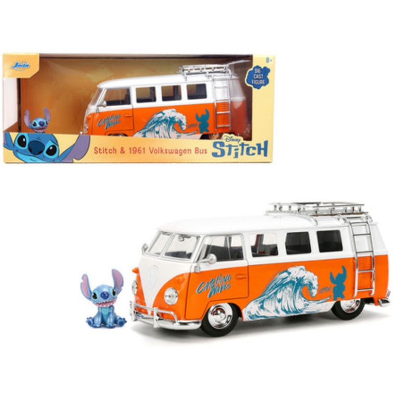 1961 Volkswagen Bus "Catching Waves" White and Orange with Stich Diecast Figure "Disney's Stitch" "Hollywood Rides" Series 1/24 Diecast Model by Jada