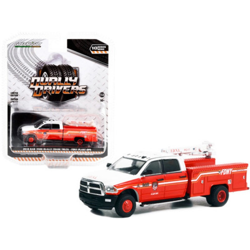 2018 Dodge Ram 3500 Dually Crane Truck Red and White with Stripes "FDNY (Fire Department of the City of New York) Plant Ops" "Dually Drivers" Series 10 1/64 Diecast Model Car by Greenlight
