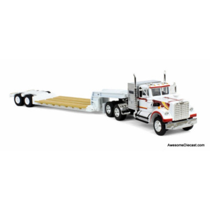 White Western Star 4900 36" Vintage Sleeper, White/Orange w/Rogers Vintage Lowboy Trailer 1:64 Diecast Model Truck DCP by FG