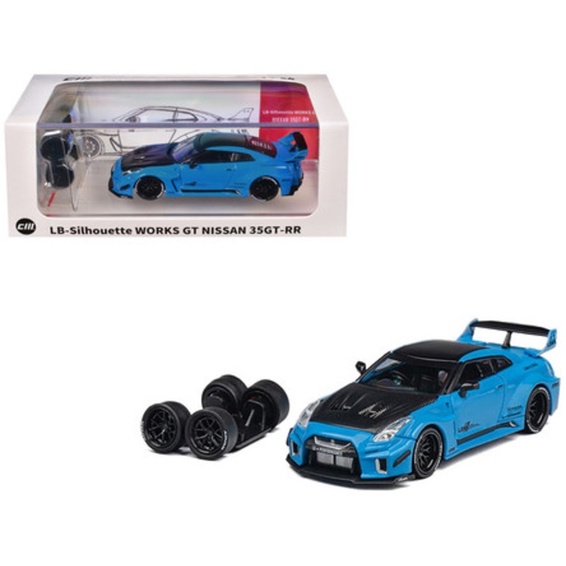 Nissan 35GT-RR "LB-Silhouette Works GT" RHD (Right Hand Drive) Blue with Carbon Hood and Black Top with Extra Wheels 1/64 Diecast Model Car by CM Models