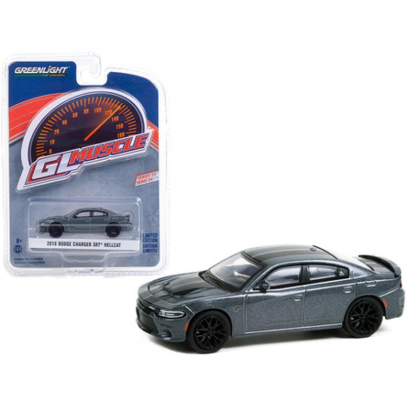 2018 Dodge Charger SRT Hellcat Granite Crystal Gray Metallic with Black Stripes "Greenlight Muscle" Series 24 1/64 Diecast Model Car by Greenlight