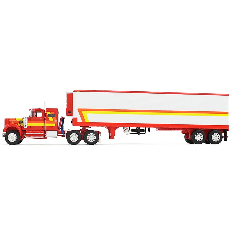 White Western Star 4900 with 36" Vintage Flat Top Sleeper and Wilson 40' Vintage Refridgerated Trailer Red and White with Stripes 1/64 Diecast Model by DCP/First Gear