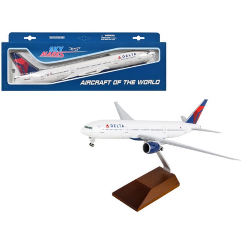 Boeing 777-200 Commercial Aircraft with Landing Gear and Wood Stand "Delta Air Lines" (N709DN) White with Blue and Red Tail (Snap-Fit) 1/200 Plastic Model by Skymarks