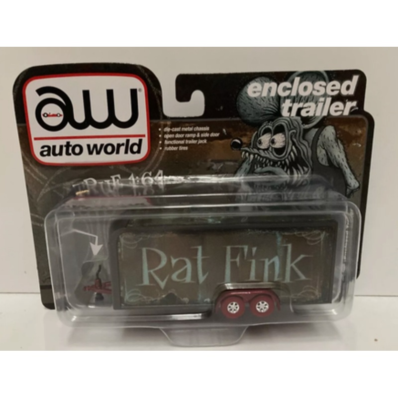 CHASE CAR 4-Wheel Enclosed Car Trailer Dark Gray with Graphics "Rat Fink" 1/64 Diecast Model by Auto World