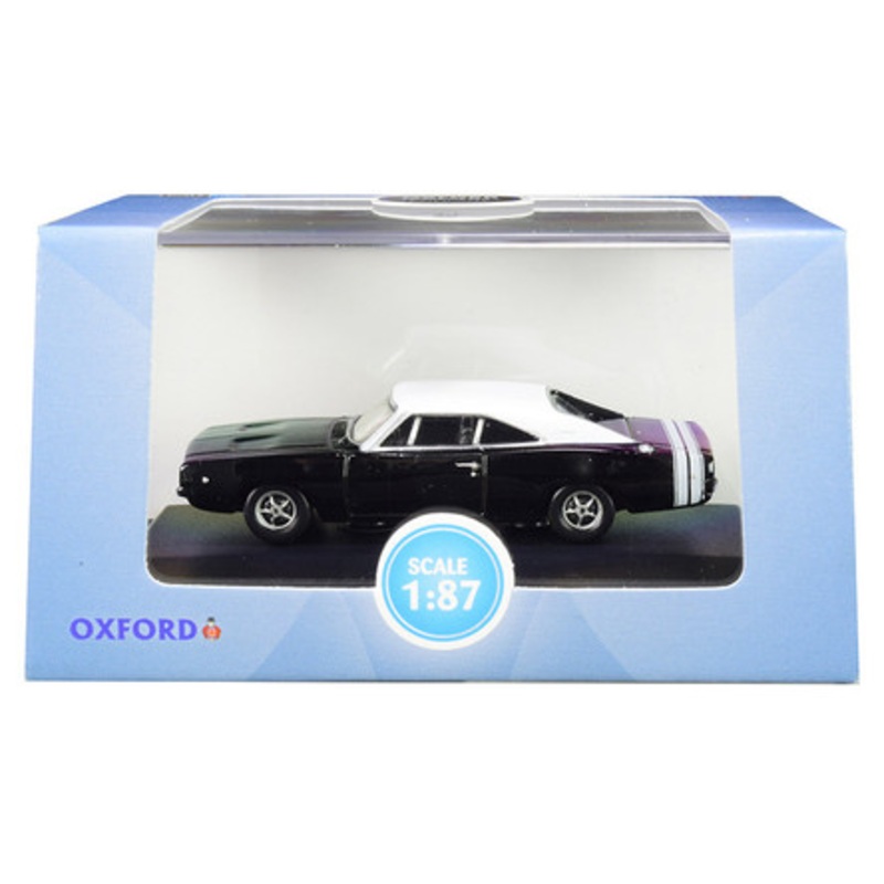 1968 Dodge Charger Black with White Top and White Stripes 1/87 (HO) Scale Diecast Model Car by Oxford Diecast