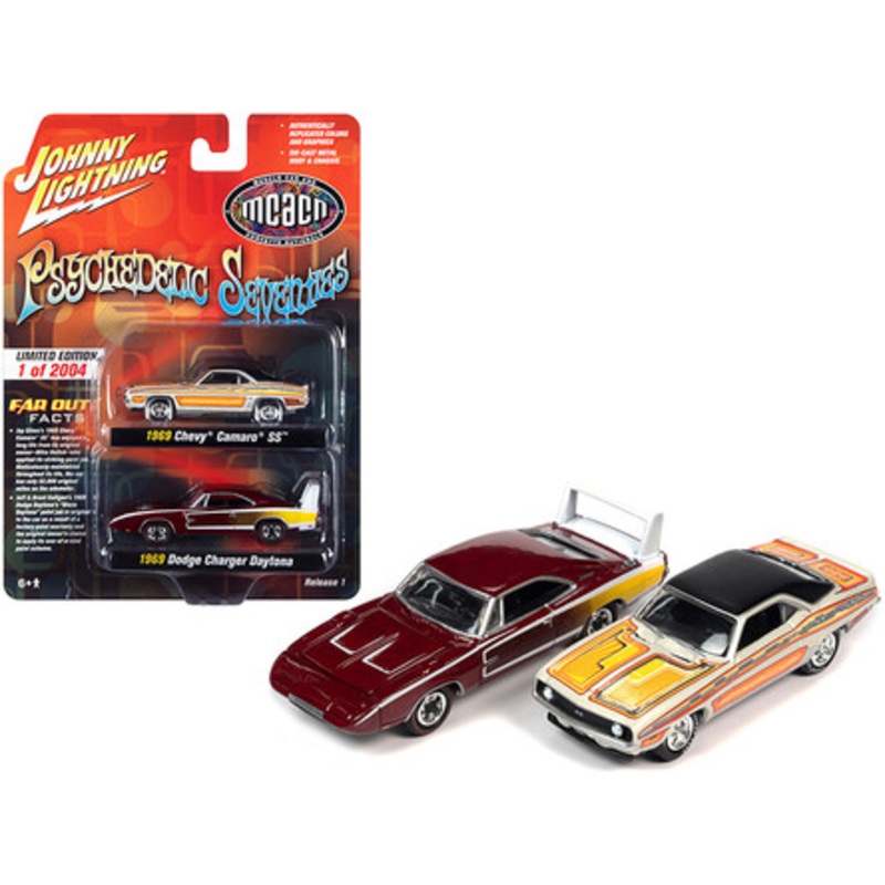 1969 Chevrolet Camaro SS with Custom Graphics and 1969 Dodge Charger Daytona Dark Red "Psychedelic Seventies" MCACN (Muscle Car & Corvette Nationals) Set of 2 Cars Limited Edition to 2004 pieces Worldwide 1/64 Diecast Model Cars by Johnny Lightning