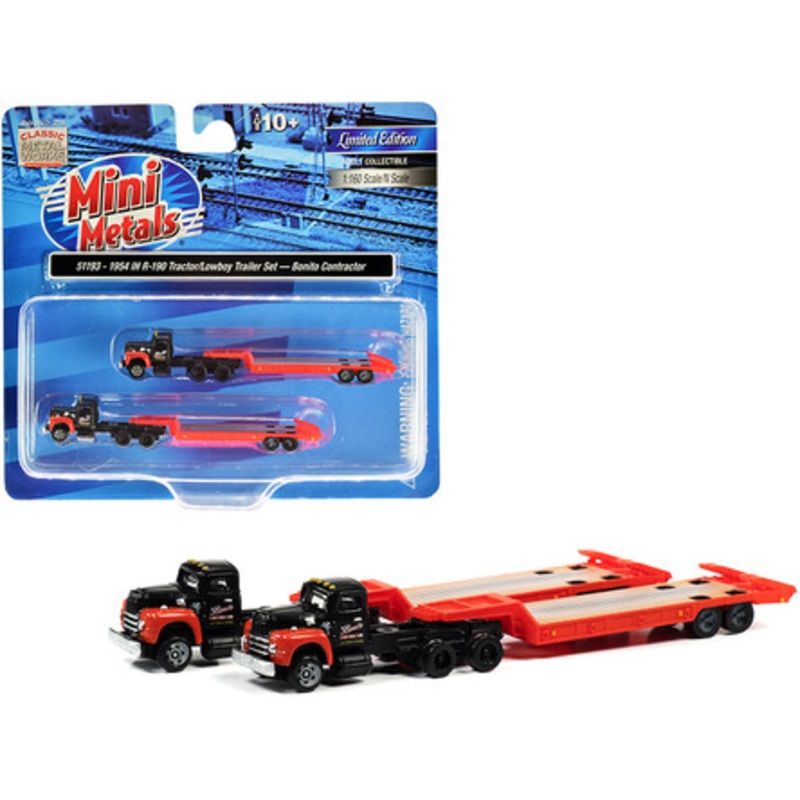 1954 IH R-190 Tractor Truck with Lowboy Trailer "Bonito Contractor" Black and Red Set of 2 pieces 1/160 (N) Scale Models by Classic Metal Works