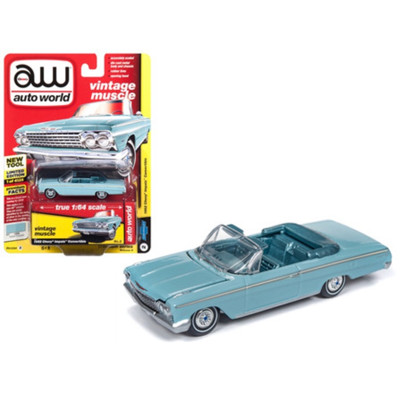1962 Chevrolet Impala Open Convertible Twilight Turquoise with Light Teal Interior "Vintage Muscle" Limited Edition to 4128 pieces Worldwide 1/64 Diecast Model Car by Autoworld