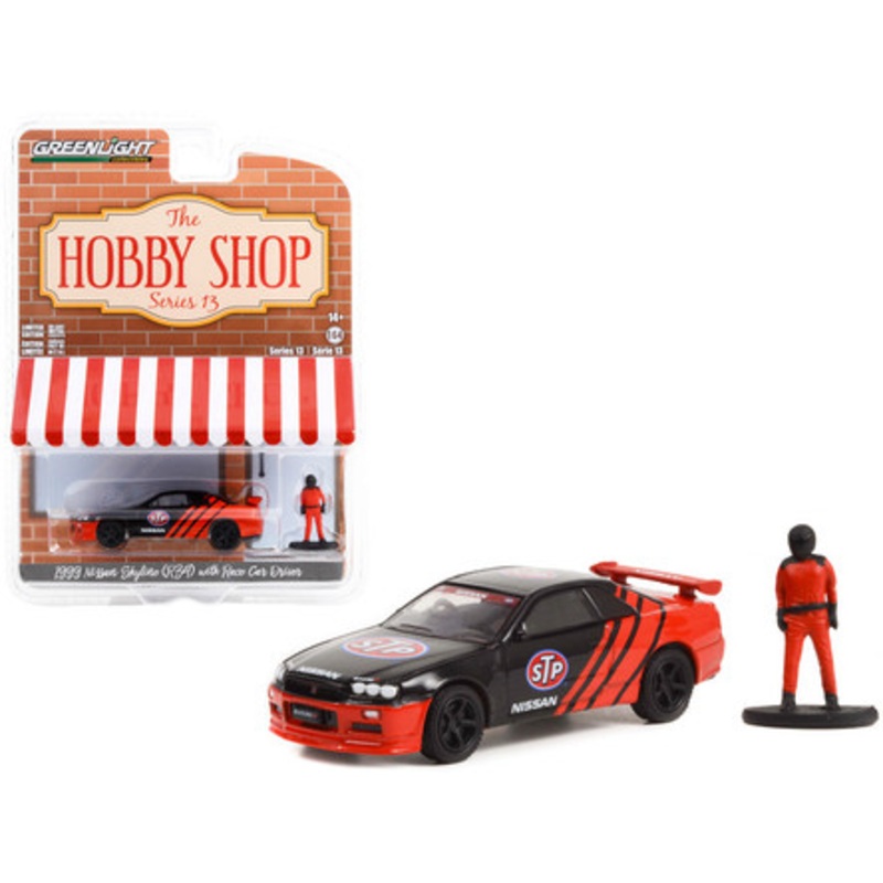 1999 Nissan Skyline (R34) RHD (Right Hand Drive) Black and Red "STP" and Race Car Driver Figure "The Hobby Shop" Series 13 1/64 Diecast Model Car by Greenlight