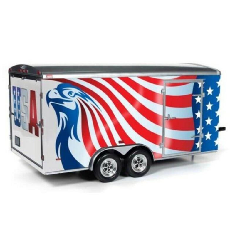1/18 Auto World Four Wheel Enclosed Trailer Stars & Stripes American Flag Design Diecast Model