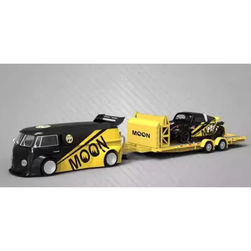 1/64 Mini Station Volkswagen T1 Van Mooneyes + Volkswagen Beetle Tagar Mooneyes (Black & Yellow) +Trailer Diecast Car Models